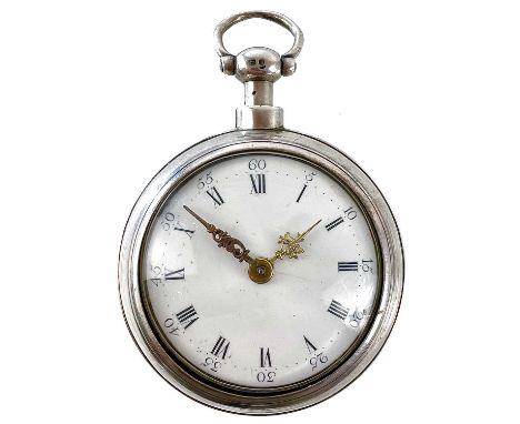 A George III silver pair case fusee pocket watch. The 36mm white enamel dial with black Roman numerals and Arabic quarter num