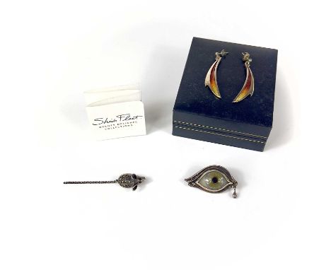 A modern silver and glass 'evil eye' brooch, London 1986, width 38mm, 7g. A pair of 925 silver and enamel pendant earrings by