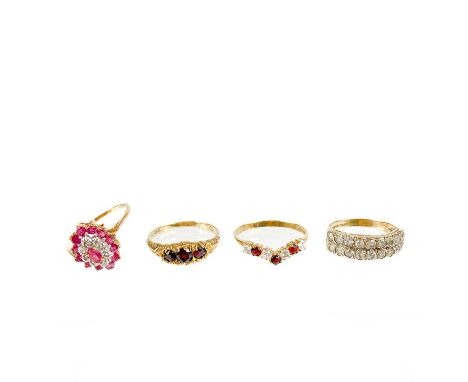 Four 9ct gold stone set rings. One a diamond and ruby cluster, size Q, a garnet set Victorian style ring, size P, a garnet an