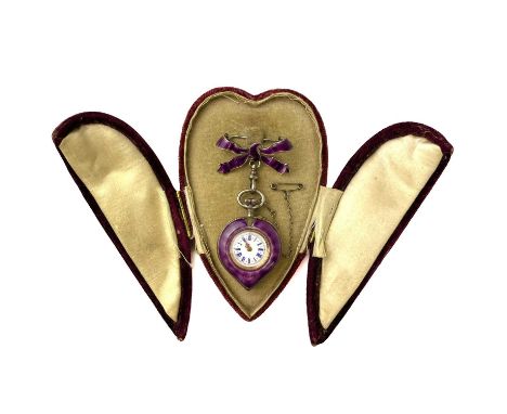 An attractive 19th century 800 silver and purple guilloche enamel heart shaped crown wind fob watch. With guilloche enamel su