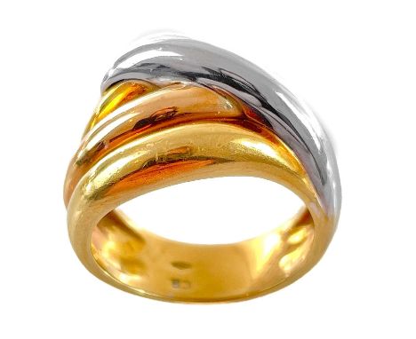 A modern 18ct tri-colour gold band ring. Stamped 750, size M, 9.5g.