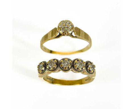Two 9ct gold diamond set rings. One ring set with five diamonds each measuring 0.05ct, size K, the other ring with a cluster 
