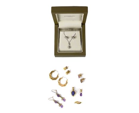 A mixed selection of gold jewellery. Including an 18ct amethyst set pendant, a pair of amethyst and seed pearl pendant earrin