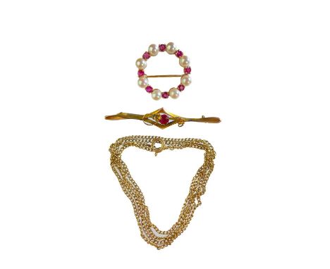 A 9ct gold pearl and ruby circular brooch, stamped 9ct. Diameter 24mm; together with a 9ct bar brooch with base metal pin and