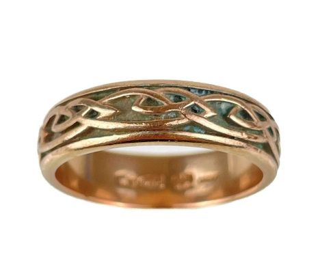 A contemporary Clogau Welsh 9ct rose gold band ring. With Celtic knot design, size N, 4.18g, with original box.