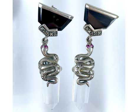 A pair of Art Deco style silver onyx and crystal snake pendant earrings. Stamped 925, length 5cm.