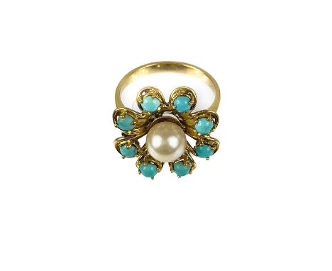 An 18ct pearl and turquoise set ring, Of floral openwork design, size O, 6g.