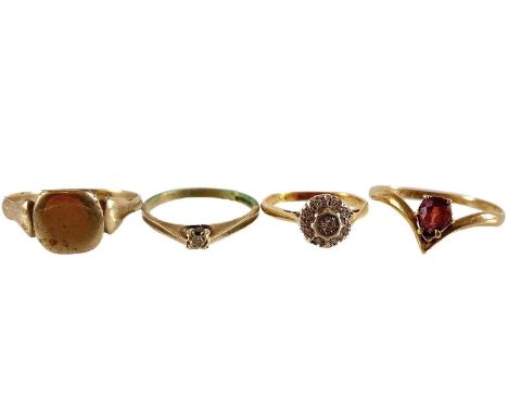 An 18ct tiny diamond set cluster ring, size H, 2.2g. Together with three 9ct rings, one set a small diamond, a garnet set rin