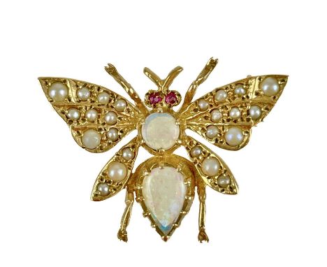 A modern 9ct hallmarked gold opal, pearl and ruby set Bee brooch. Maker HBJ, London 1986, width 22mm, 3.5g.The larger pearl o