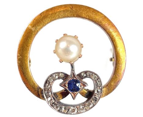 A late 19th or early 20th century high purity rose gold diamond, pearl and sapphire set brooch. Possibly Russian, of openwork