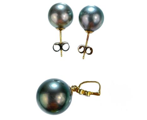 A contemporary 9ct cultured black pearl diamond set pendant and a pair of similar earrings. The pendant with two small collet