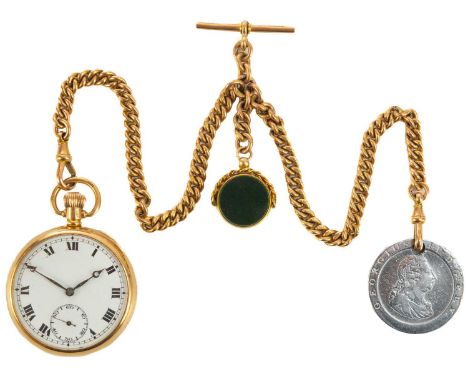 A 1920's 9ct rose gold open face crown wind pocket watch and 9ct rose gold Albert watch chain. The 43mm white enamel dial wit