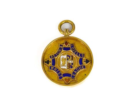 A 1930's 9ct and enamel medallion fob. Inscribed 'ASTON &amp; LOZELLS WHIST LEAGUE', Birmingham 1938, 7.3g, within case.