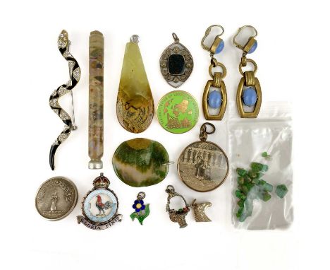 An interesting selection of costume jewellery including a vial of opals. Together with an Royal Air Force 43 Figher Squadron 