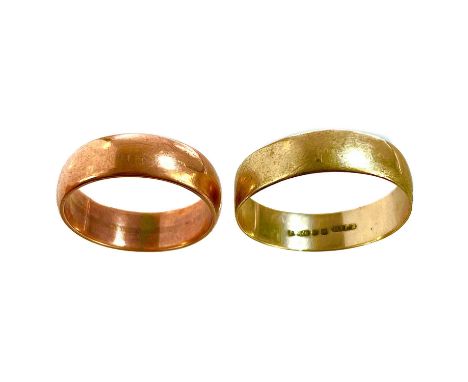 An Edwardian 9ct rose gold band ring, Birmingham 1904, size L, 3.86g.  Together with another 9ct band ring, size S, 2.36g, to