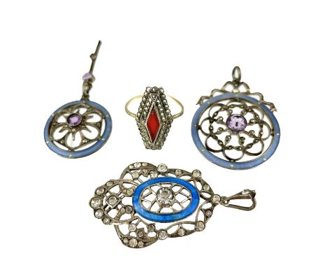 Two Art Nouveau sterling silver, guilloche enamel and gem set pendants. The largest diameter 28mm; together with an 800 silve