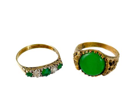 An Edwardian style emerald and white stone five stone ring, size Q. Together with a 9ct modern green jade ring, size Q, 7g.Th