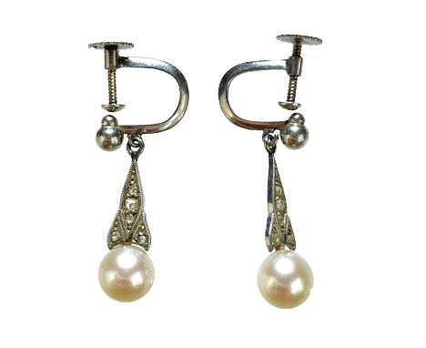 A pair of early 20th century Swedish 18ct white gold pearl and diamond pendant earrings. The pearl measuring 7mm, attached to
