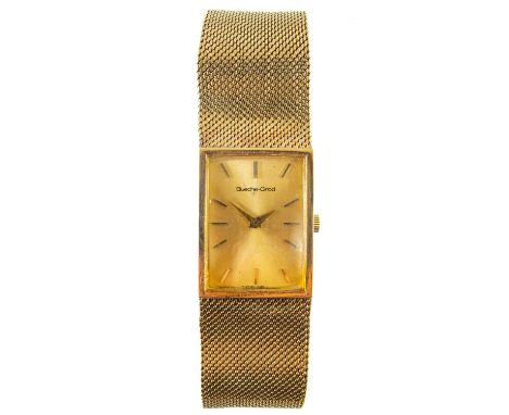 A Bueche-Girod 9ct gold gentleman's manual wind bracelet wristwatch. The signed 20mm rectangular gilt dial with gilt baton ma