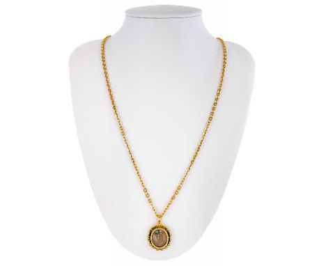 An 18ct hammered trace necklace with 18ct locket pendant. The small pendant with portrait miniature, the necklace length 57cm