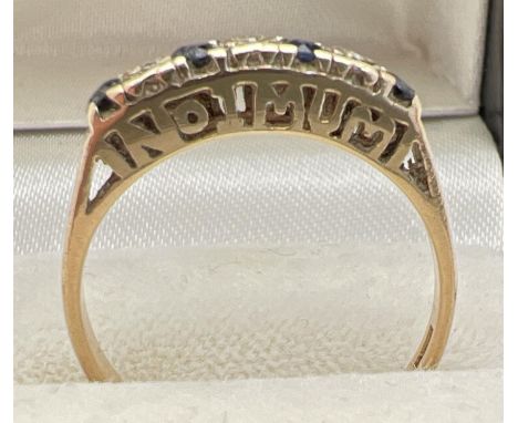 A vintage 9ct gold half eternity style sapphire and diamond ring with 'No.1 MUM' wording design to mount. Ring size M, Total 