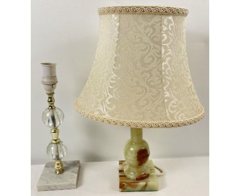 2 vintage lamp bases. An alabaster base with a cream shade together with a marble based lamp with clear glass beaded stand. 