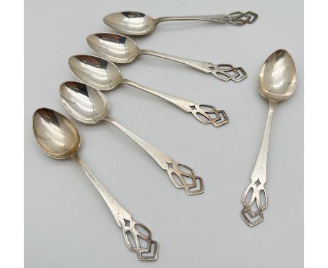 A set of 6 silver Art Deco coffee spoons with stylised pierced design handle finials. Each fully hallmarked to reverse of han