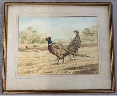 A vintage framed &amp; glazed watercolour of pheasants, signed to lower left 'A Sadler-Key F'. Frame size approx. 44cm x 54cm