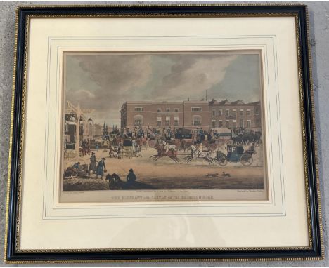 A framed and glazed hand coloured vintage engraving of "The Elephant And Castle On The Brighton Road". Printed by James Polla