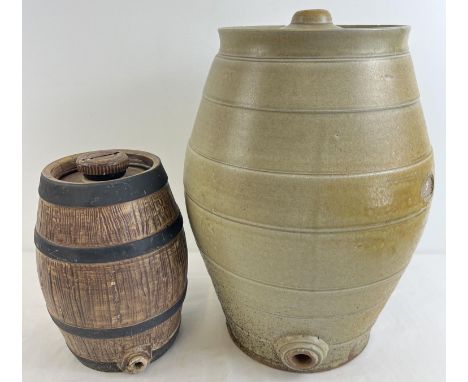 2 stoneware barrels. A large barrel with light coloured glaze (approx. 42cm tall) together with a smaller Taunton Cider Co Lt
