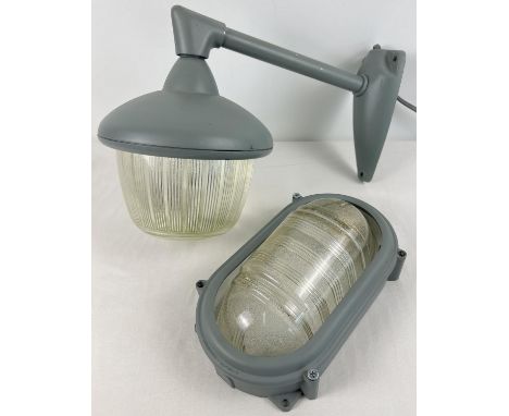 2 unused J &amp; G Coughtrie Ltd exterior lights - cast metal mounts, painted grey with heavy duty glass shades. A wall/ceili
