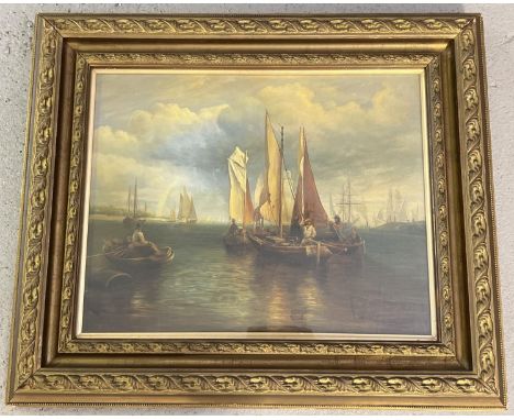 An antique gilt framed and glazed oil painting of ships and boats in a seascape scene. Indistinct signature to bottom left. F