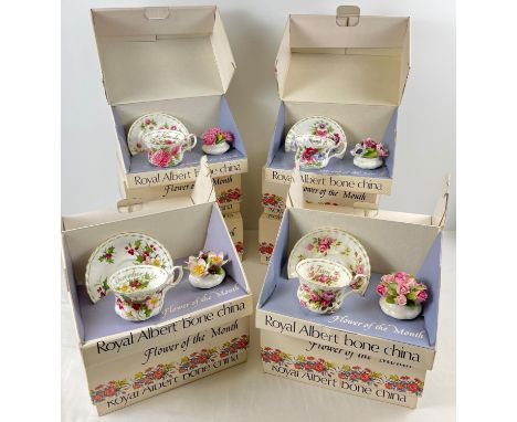 A full set of 12 boxed Royal Albert 'Flower of the Month' cup &amp; saucer sets each with a flower display posy ornament. Tog