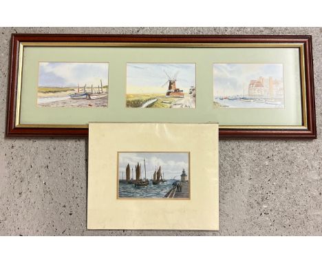3 signed Norfolk prints by Ron Brooks together with a mounted postcard of Gorleston from 1928. Local Norfolk artist Ron Brook