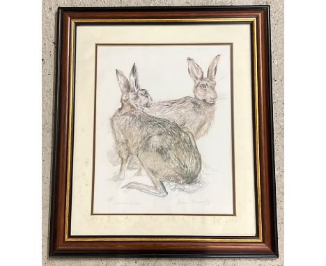 A framed and glazed Anna Ravenscroft wildlife print entitled "Brown Hares". Signed and titled in pencil. Frame size approx. 5