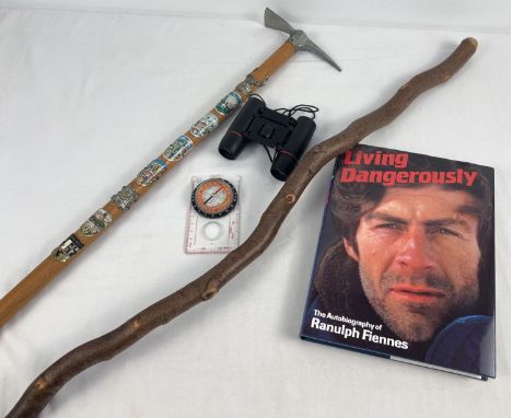 Autographed copy of Living Dangerously by Ranulph Fiennes together with 2 walking sticks, a compass and a cased pair of (30 x