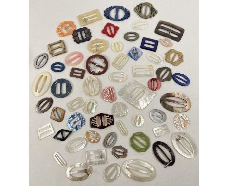 A collection of 60 antique and vintage buckles in varying colours, sizes and designs. To include carved detail, mother of pea