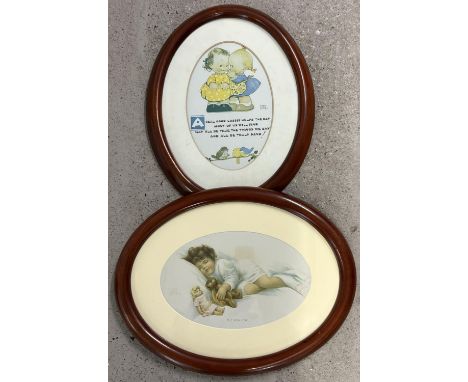 2 framed and glazed oval shaped vintage nursery prints in wooden frames. A Mabel Lucie Atwell print together with 'The New Lo