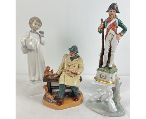 4 ceramic figures to include Royal Doulton and Nao. Lot includes 'Lunchtime' HN2485 Royal Doulton figurine of a man sat on a 