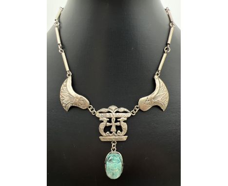 A 600 Egyptian silver pendant necklace with traditional Egyptian characters &amp; hieroglyphs and scarab beetle shaped drop. 