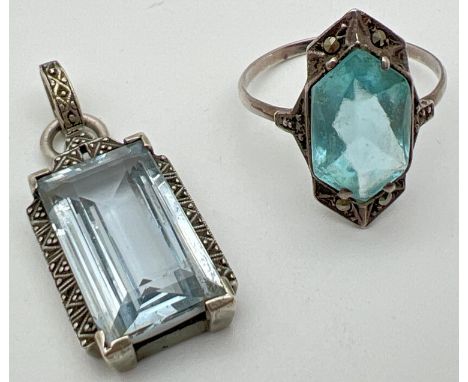 2 vintage silver Art Deco jewellery items. A dress ring set with a blue stone &amp; marcasite's and a rectangular shaped drop