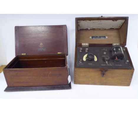 A vintage British Thompson-House wireless receiver, in a stained pine case; and an unfitted mahogany BBC Marconi phone box&nb
