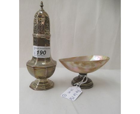 A George V silver caster&nbsp; Sheffield 1928; and a pedestal mother-of-pearl and silver salt&nbsp; indistinct marks&nbsp; 