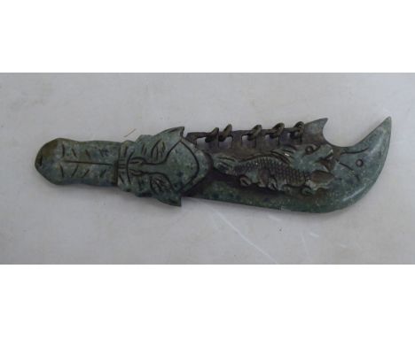 A tribal carved green hardstone dagger&nbsp; 12"L overall 
