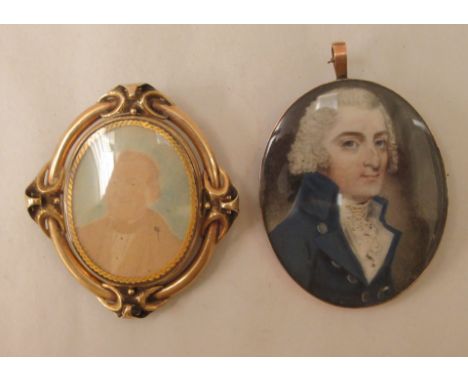 A 19thC gold coloured metal framed portrait miniature, a middle aged man, wearing smart attire; and a later back-to-back port