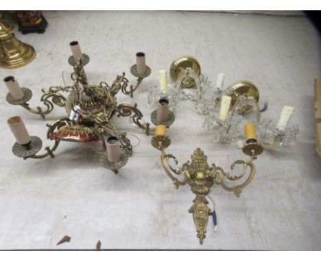 Interior lighting: to include a cast brass, six branch hanging centre light&nbsp; 12"drop&nbsp; 21"dia 