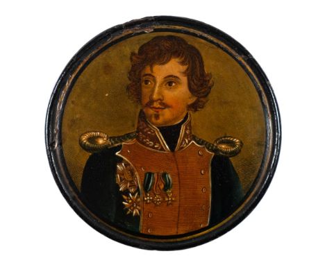 A 19th century papier mache snuff box: the circular lid decorated with a portrait of a military officer sporting medals with 