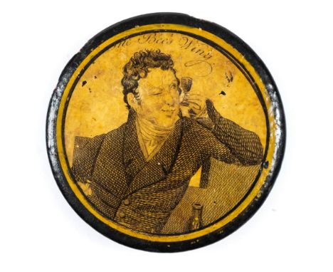 A 19th century papier mache snuff box: the circular lid decorated with a monochrome print of 'The Bee's Wing', 8.5cm diameter