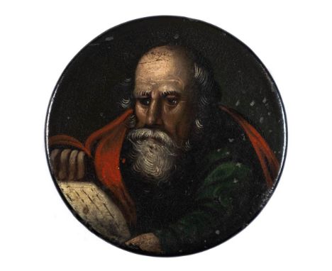 A 19th century papier mache snuff box: the circular lid decorated with a portrait of a bearded gentleman in green and red rob