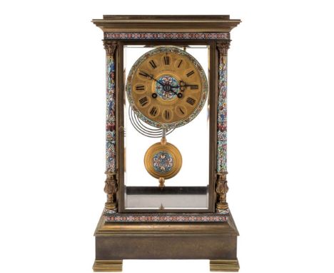 Japy Frères, Paris, a French champlevé enamel four-glass mantel clock: the eight-day duration movement striking the hours and